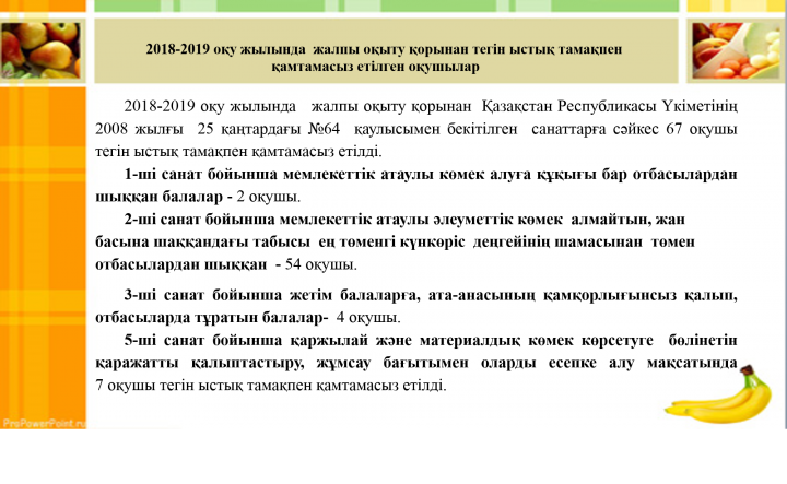 2018-2019 оқу жылында тегін ыстық тамақпен қамтамасыз етілген оқушылар