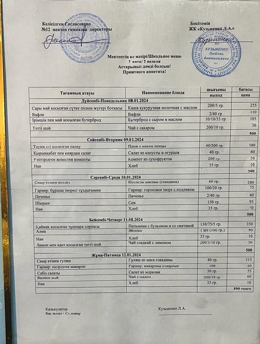 2024 жылдың бірінші аптасының ас мәзірі