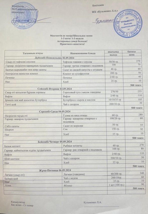 2024-2025 оқу жылындағы ас мәзірі