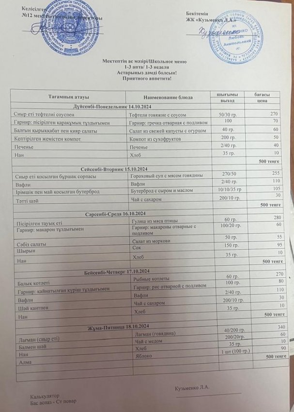 14.10-18.10.24 ж апталық ас мәзірі