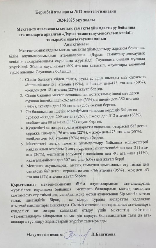 "Дұрыс тамақтану-денсаулық кепілі" ата-аналардан алынған сауалнама