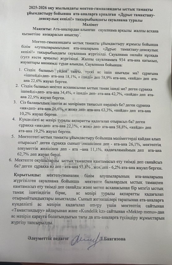 Ата-аналардан алынған сауалнама